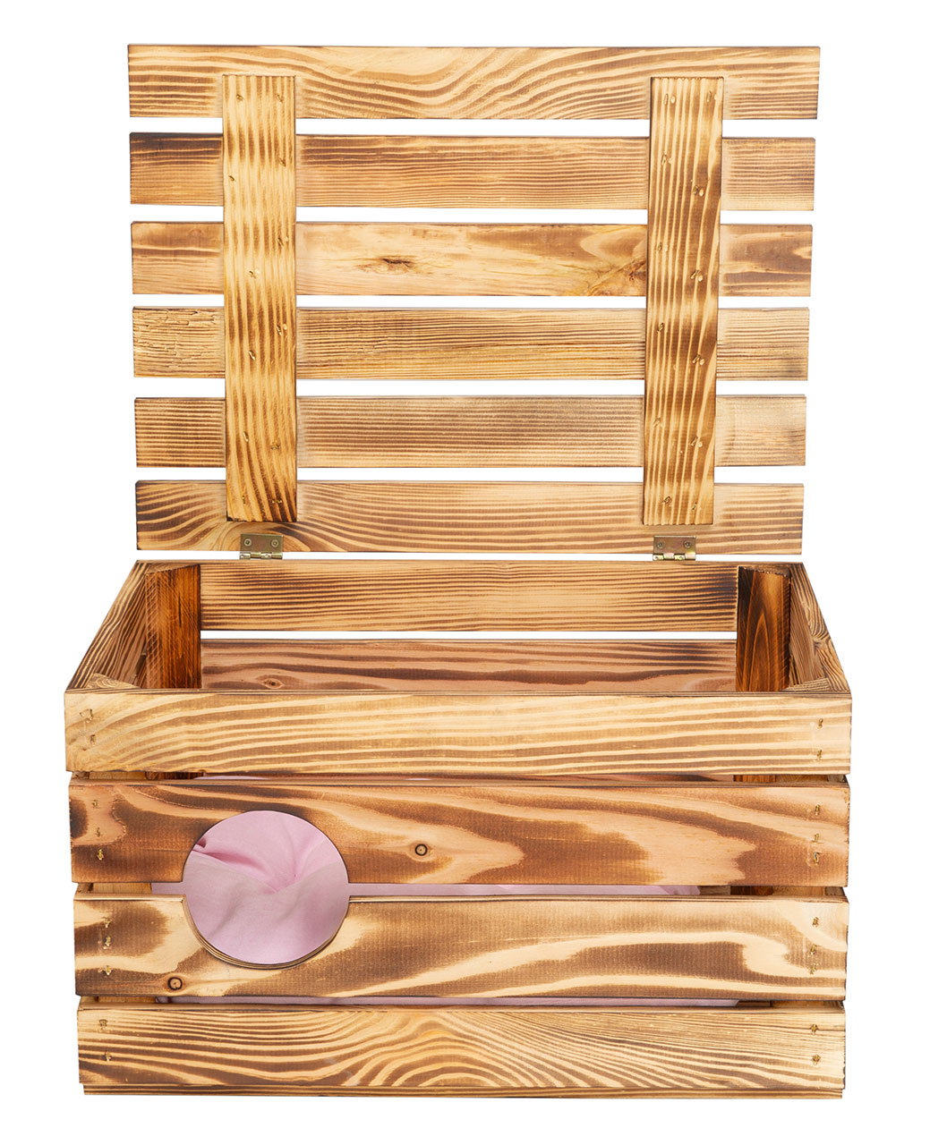 Katzenhöhle in geflammtem Holz mit Kissen 50x40x30cm