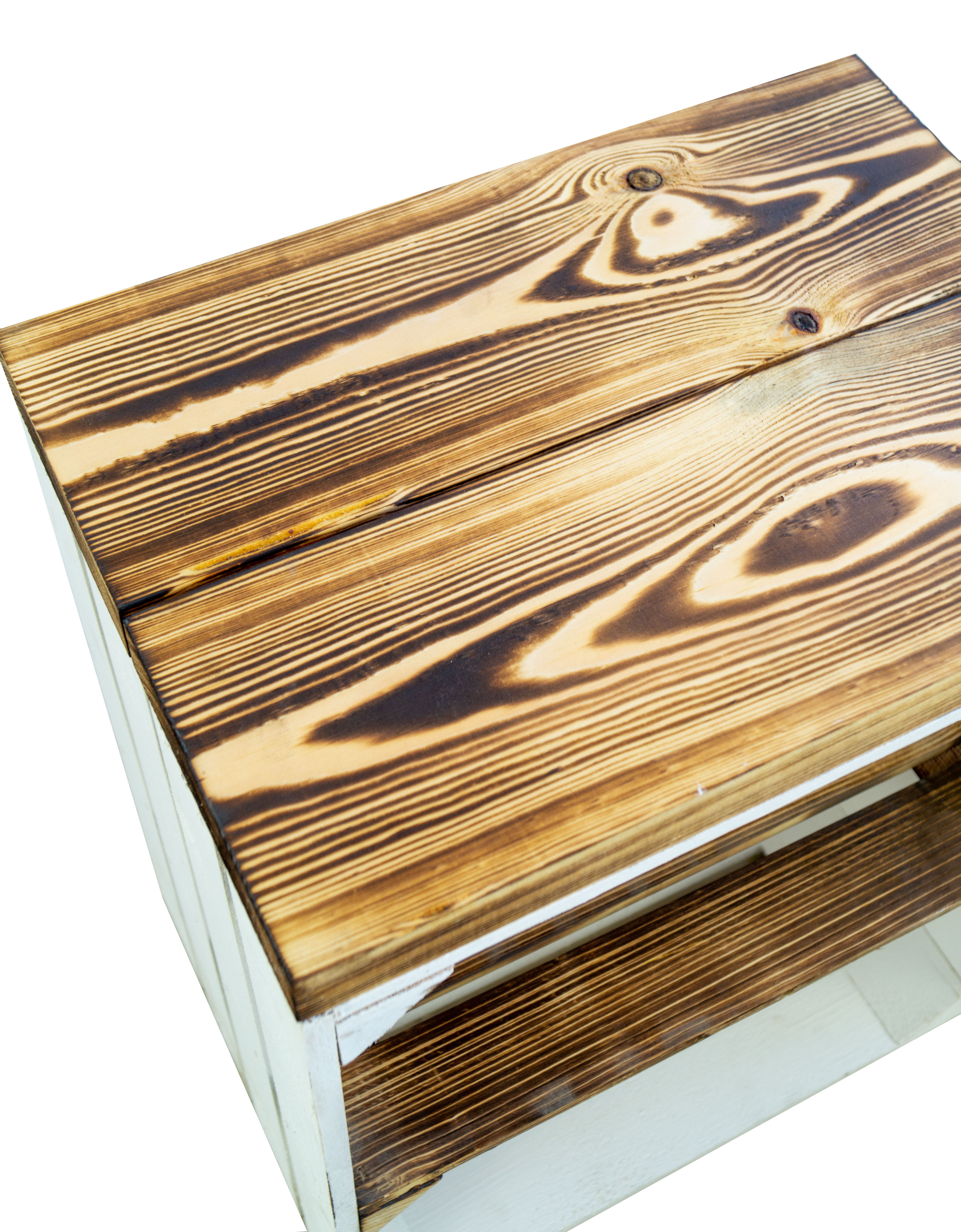 Table d'appoint Johanna blanche avec assise flammée en planches de bois épaisses