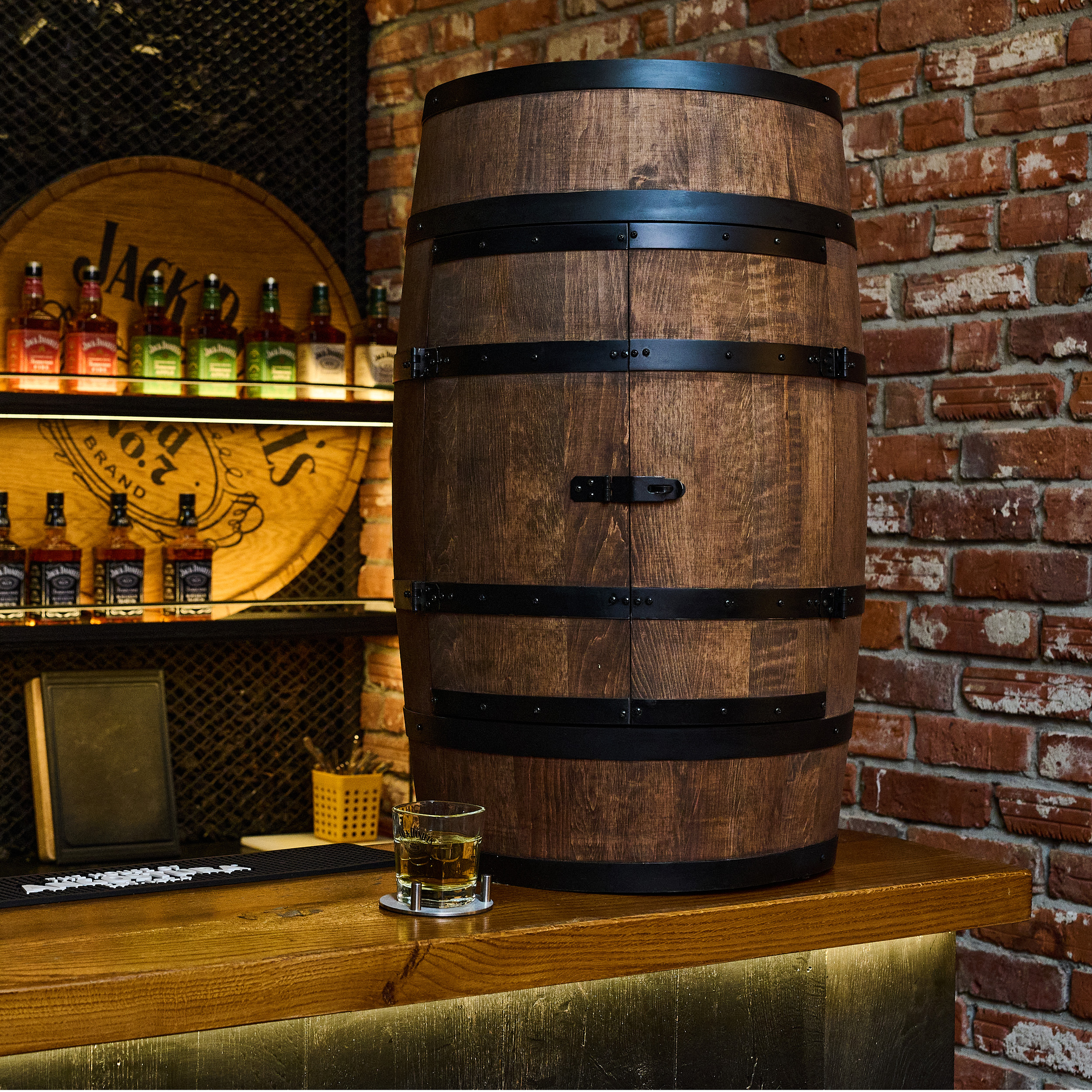 Holzfass mit Türen in Farbton Wenge Hausbar mit LED  – Weinregal & Flaschenständer, Bar oder Partykeller – ca. 80 cm Ohne LED