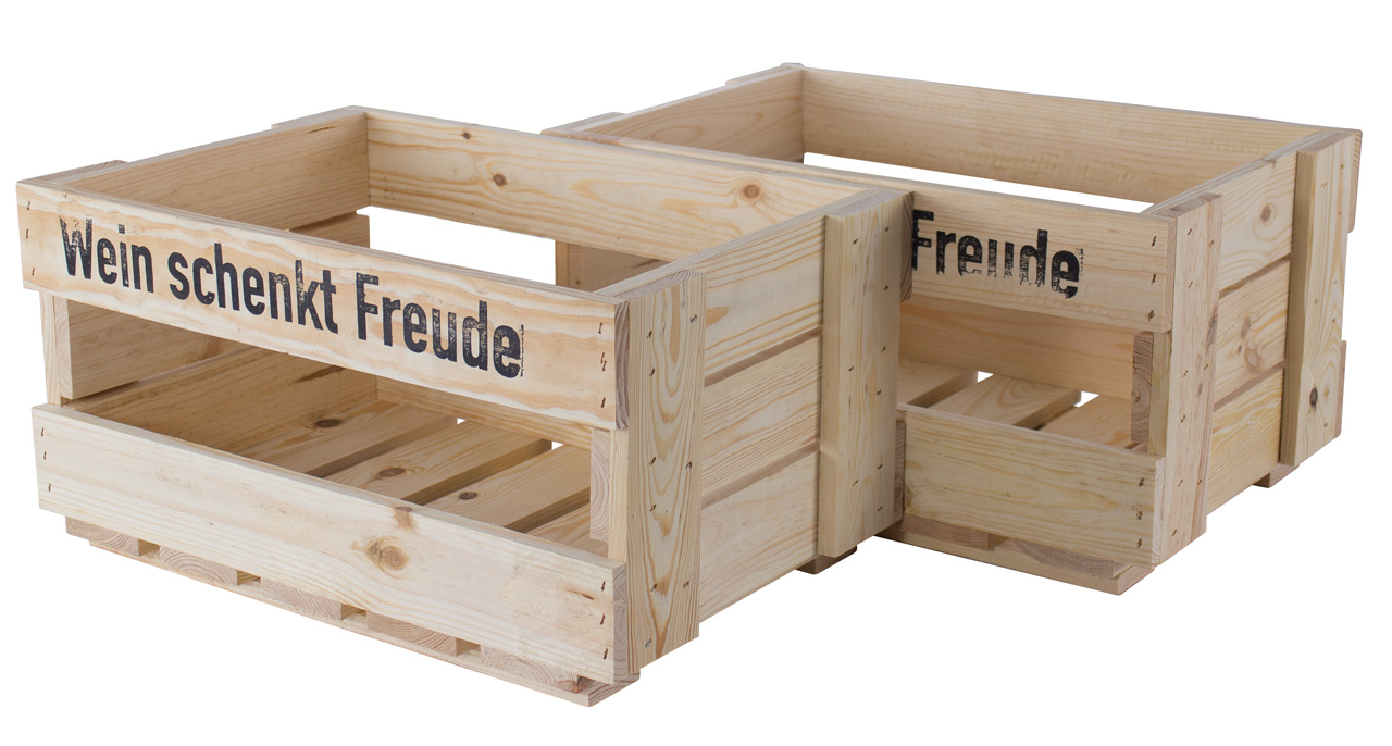 Neue Weinkisten "Wein schenkt Freude"  Natur ca 46 x 30,5 x 24cm Obstkiste Holzkiste Regalkiste Weinlagerung Weinregal