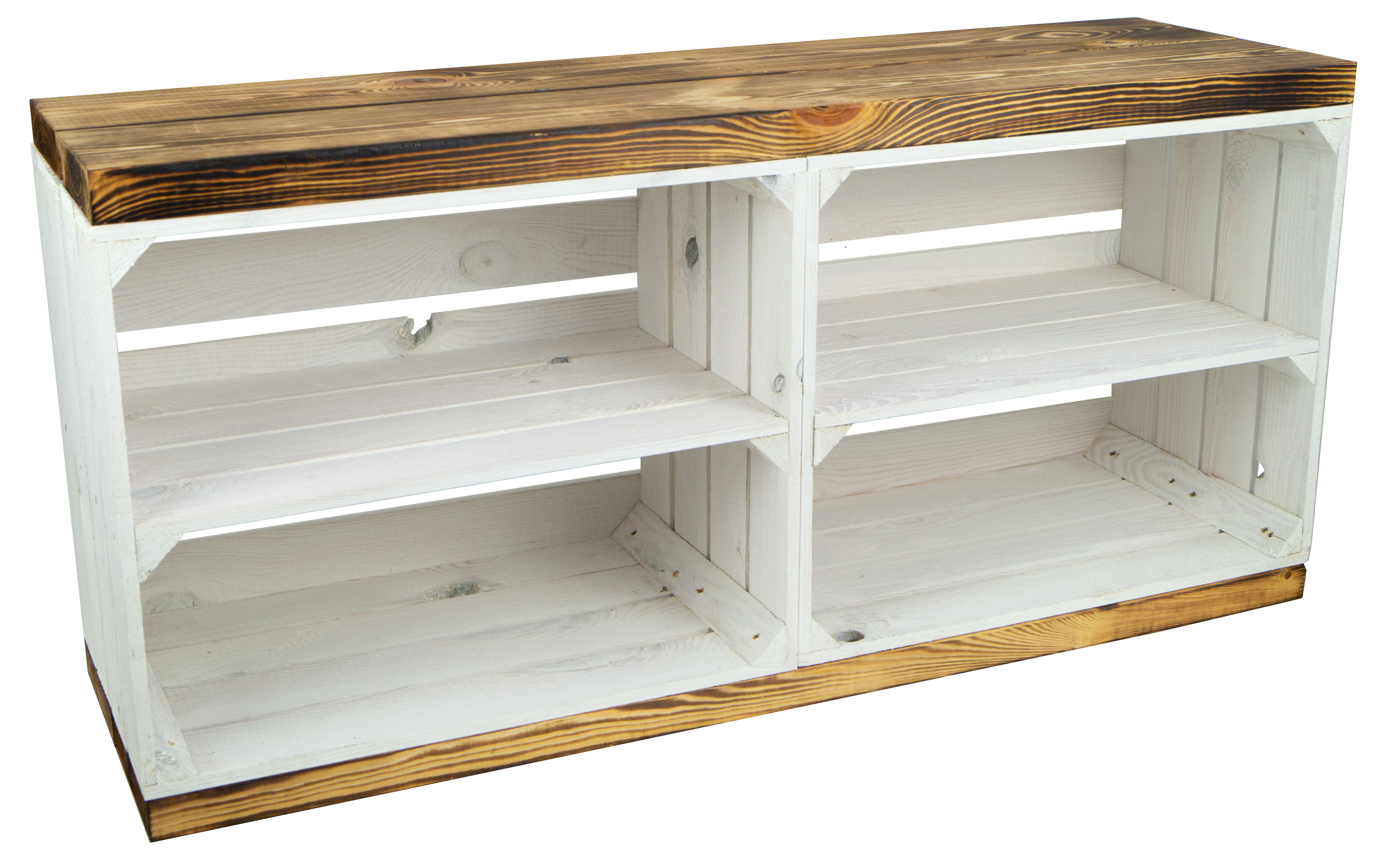 Banc blanc avec assise en planches de bois épaisses flammées avec planche centrale blanche