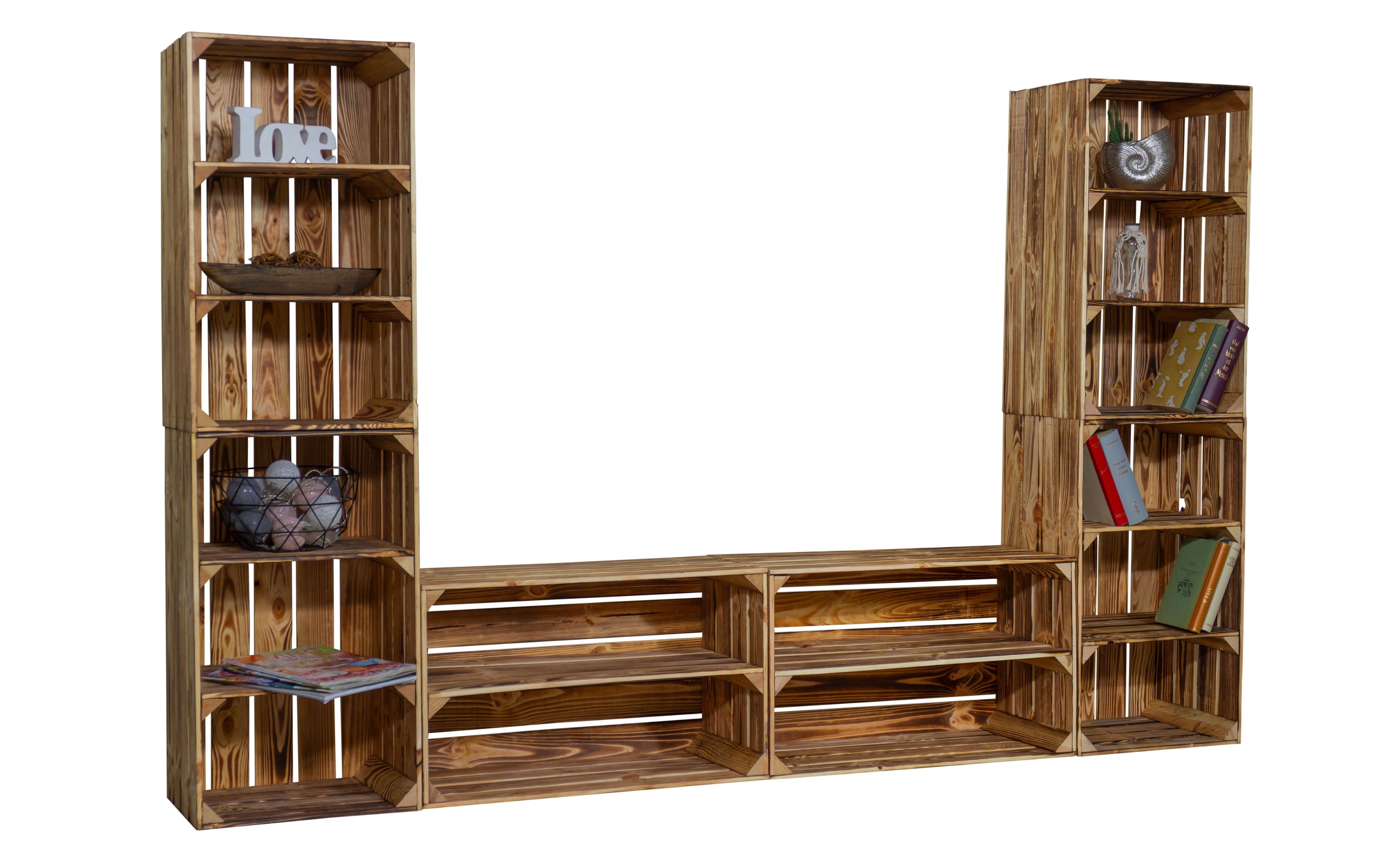 TV-Board Steven mit hohen Regalkisten Lowboard TV Wand Wohnwand Holz Fernseh Fernsehschrank (geflamm