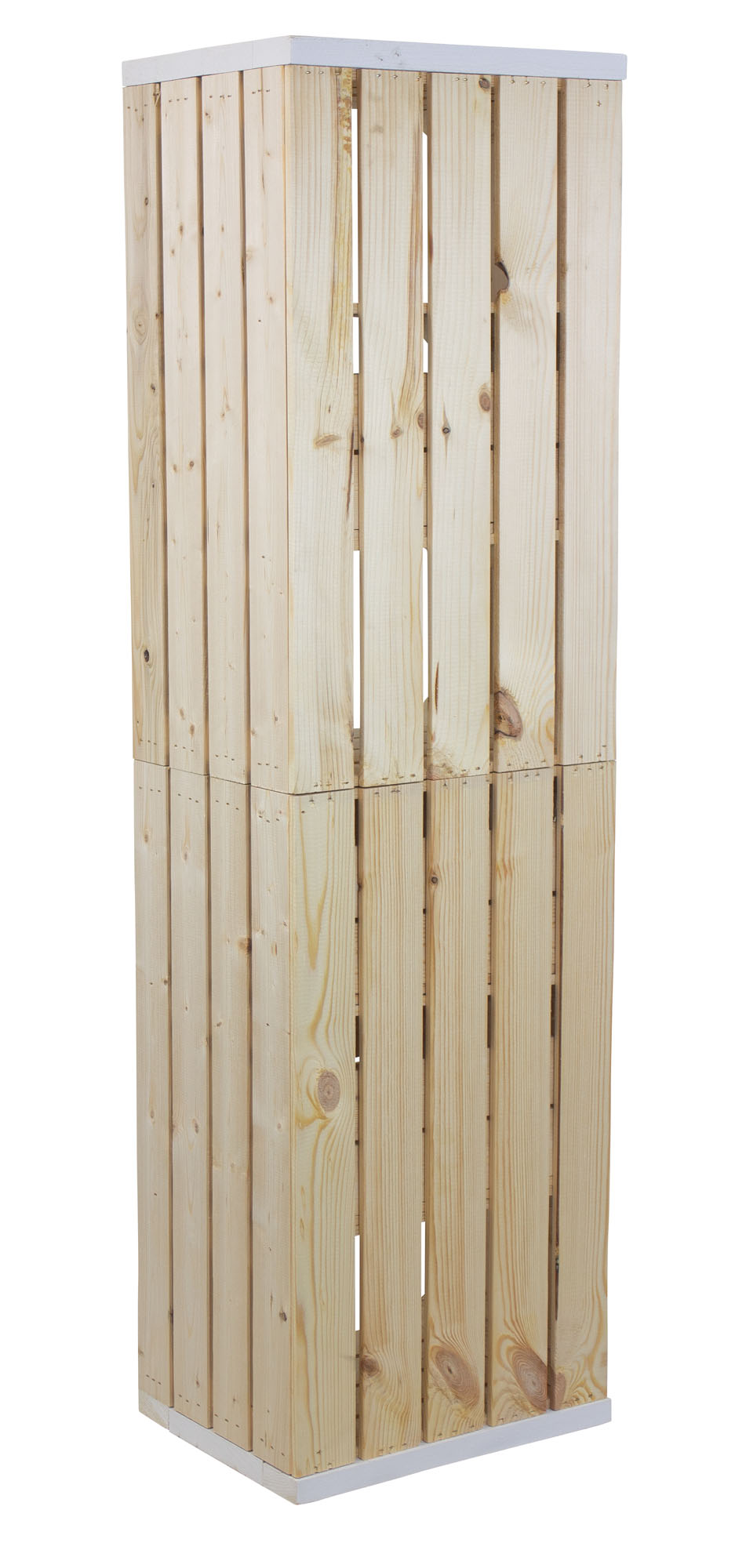Regal aus 2 hellen Obstkisten mit 3 Schubladen Bohlenbrettern in weiß auf Rollen 135x50x30cm