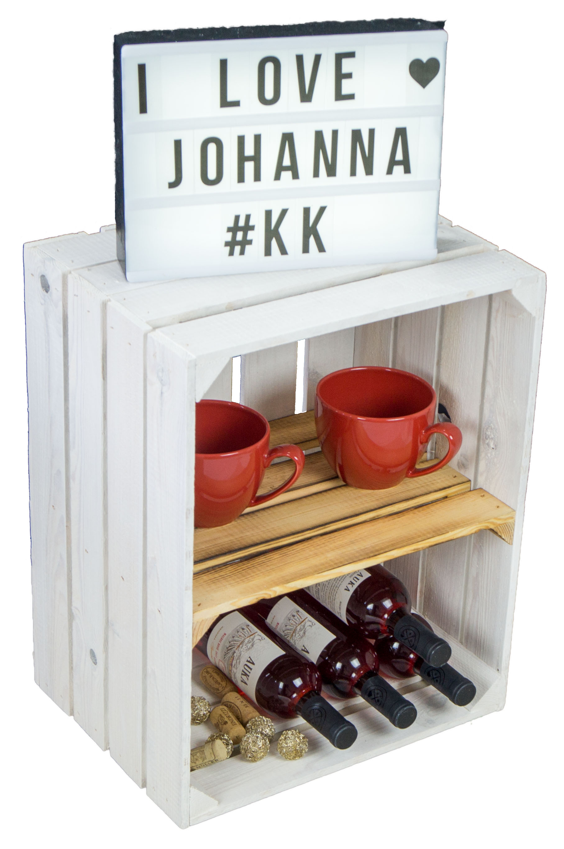 Obstkistenregal "Johanna"  - weiß - Mittelbrett  - geflammt -QUER