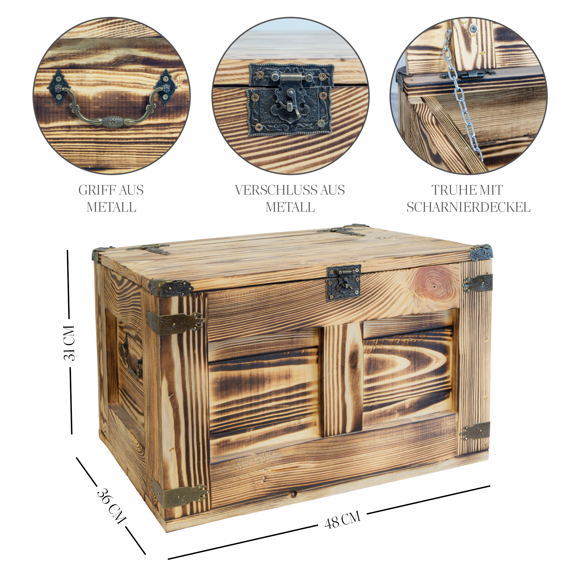 geflammte Holztruhe Barbossa 48x36x31cm