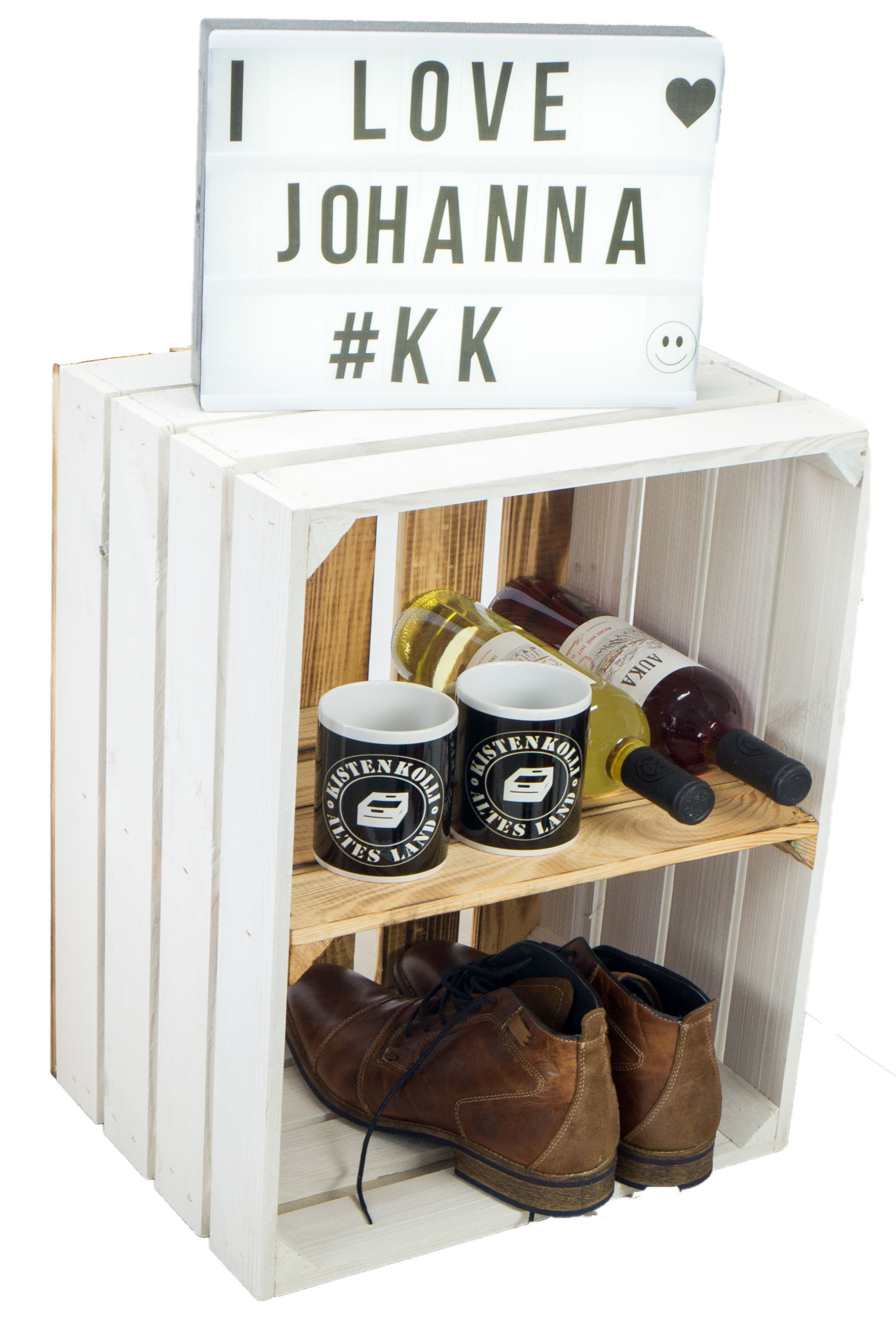 Obstkiste "Johanna" weiß mit geflammten Boden  mit Mittelbrett geflammt QUER