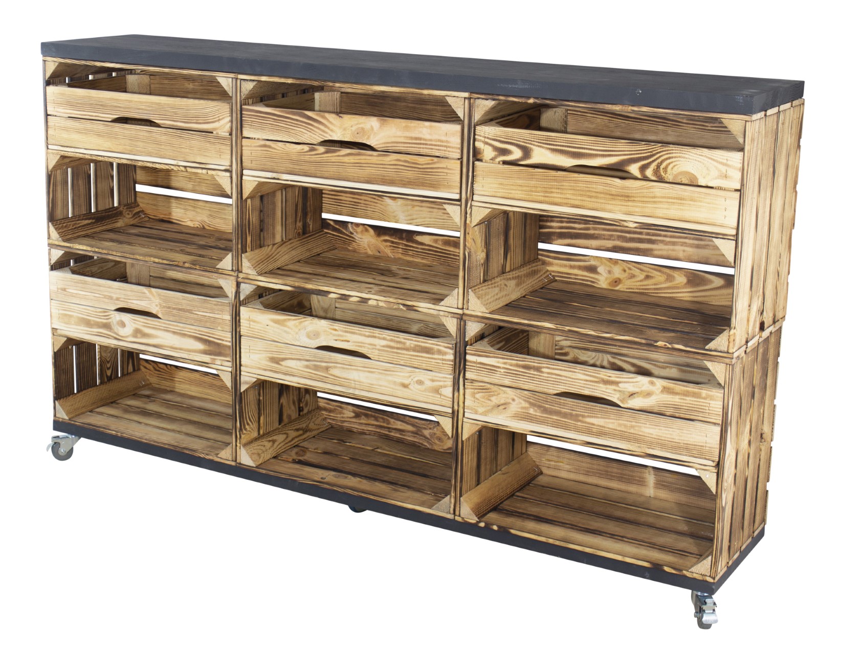 Raumtrenner/ Kommode aus geflammten Kisten mit 2 Bohlenbrettern in schwarz auf Rollen 150x93x30cm