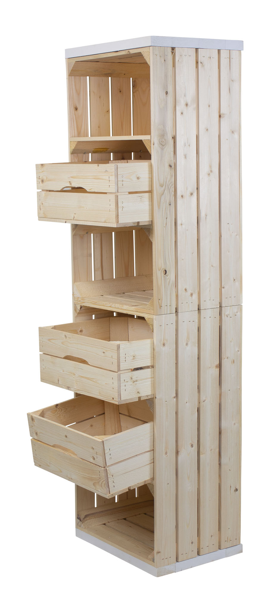 Regal aus 2 hellen Obstkisten mit 3 Schubladen Bohlenbrettern in weiß auf Rollen 135x50x30cm