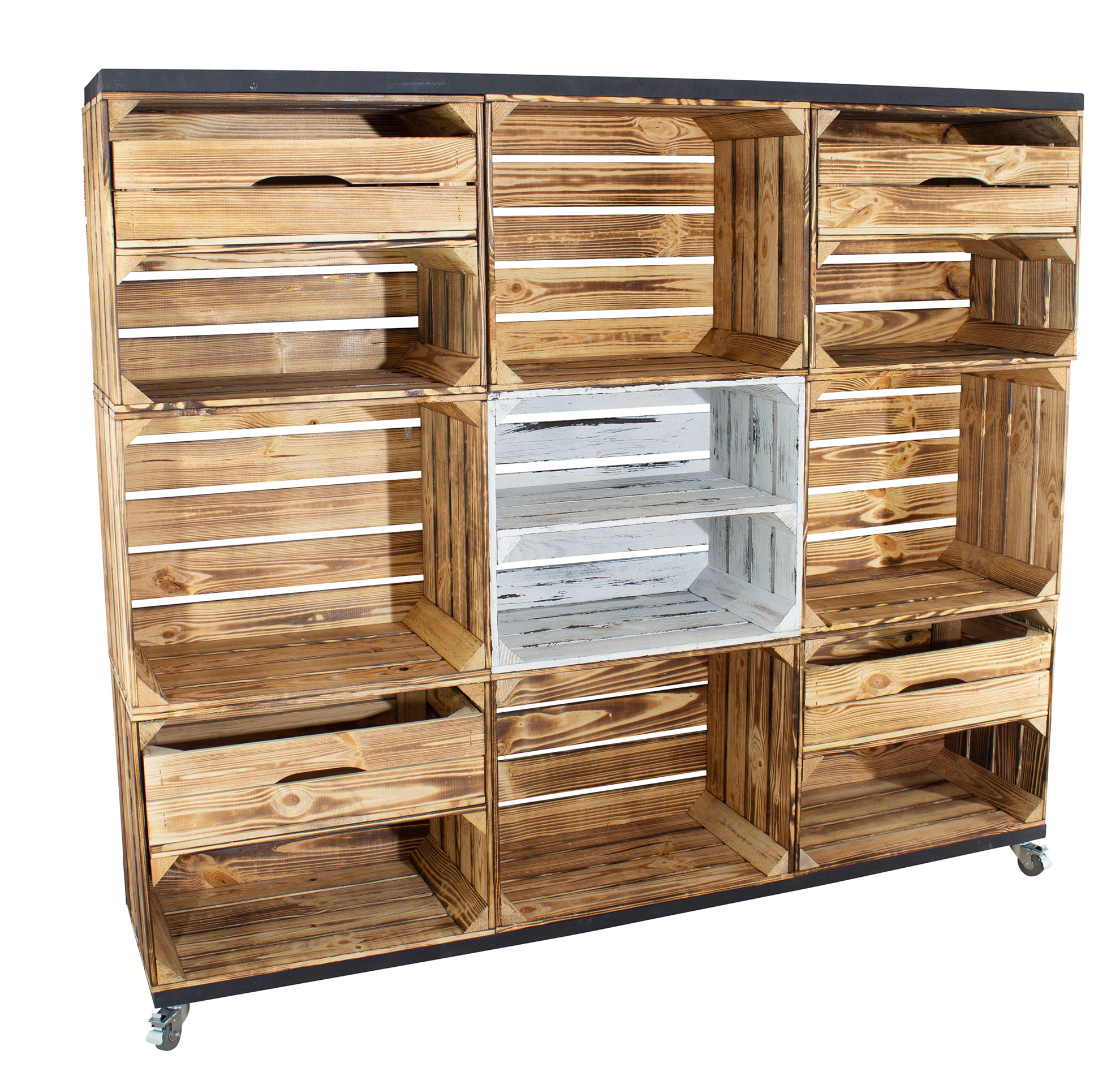 Raumtrenner/ Kommode mit 8 geflammten Kisten mit 4 Schubladen und 1 shabby weiß Kiste mit Mittelbret