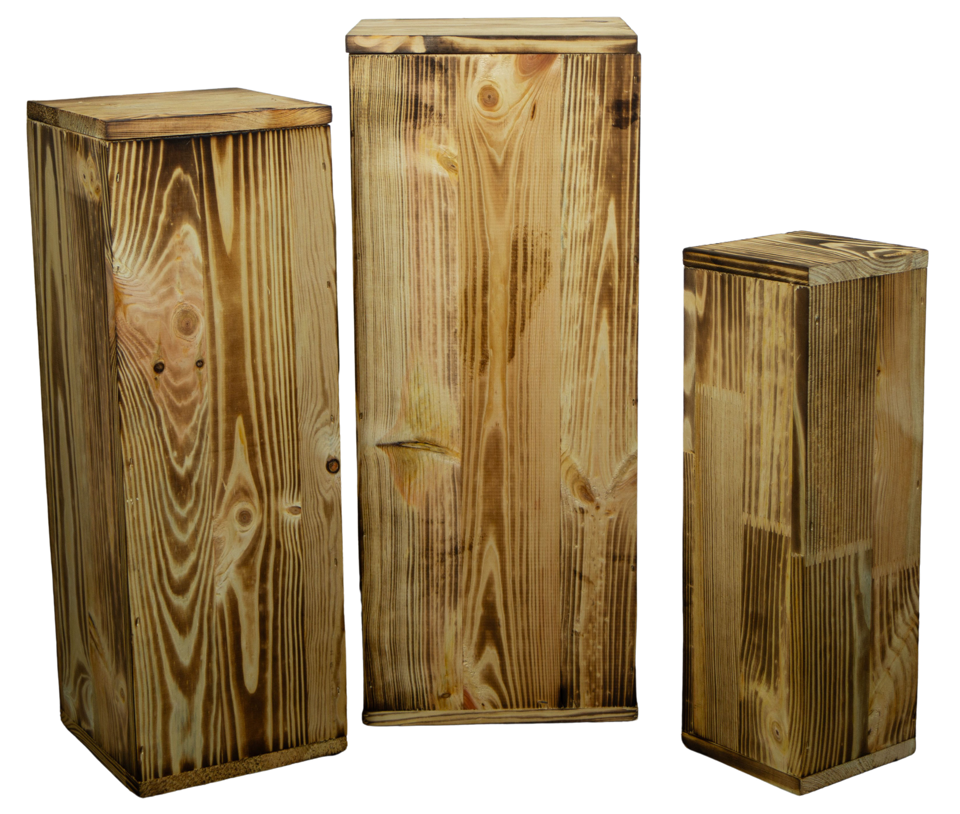 3er Set Dekosäulen viereckig in geflammt 24x24x60cm Holzblock Holzständer