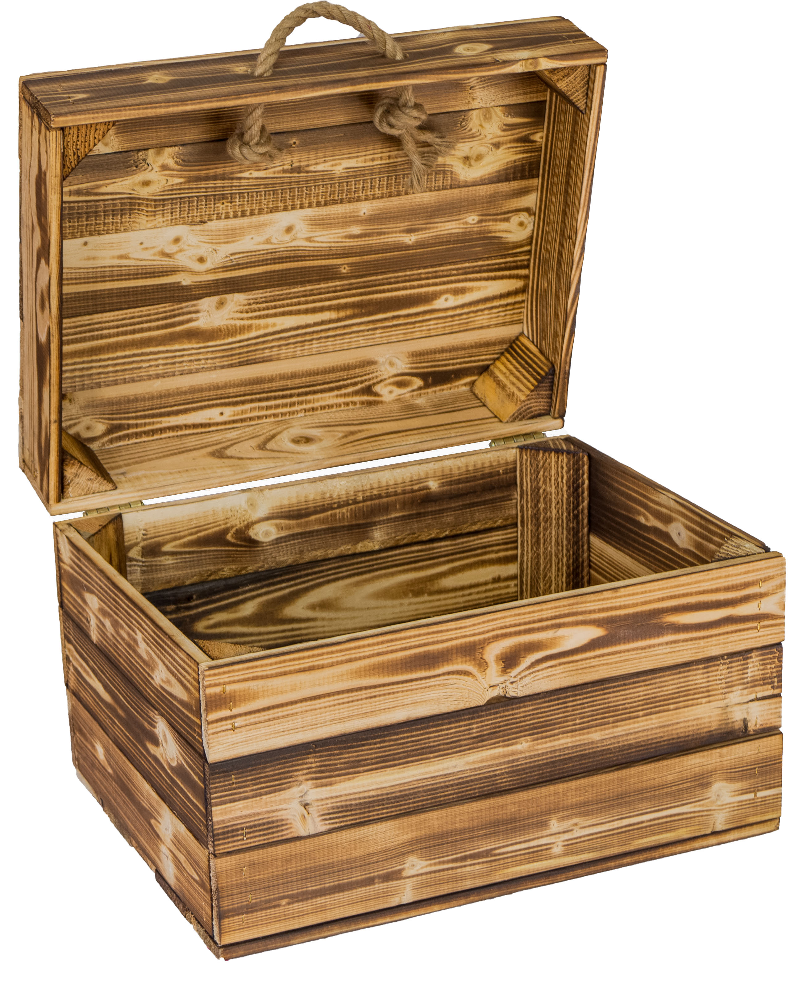 Holziste Erika geflammt mit Deckel und Hanfkordeln 40 x 30 x 27