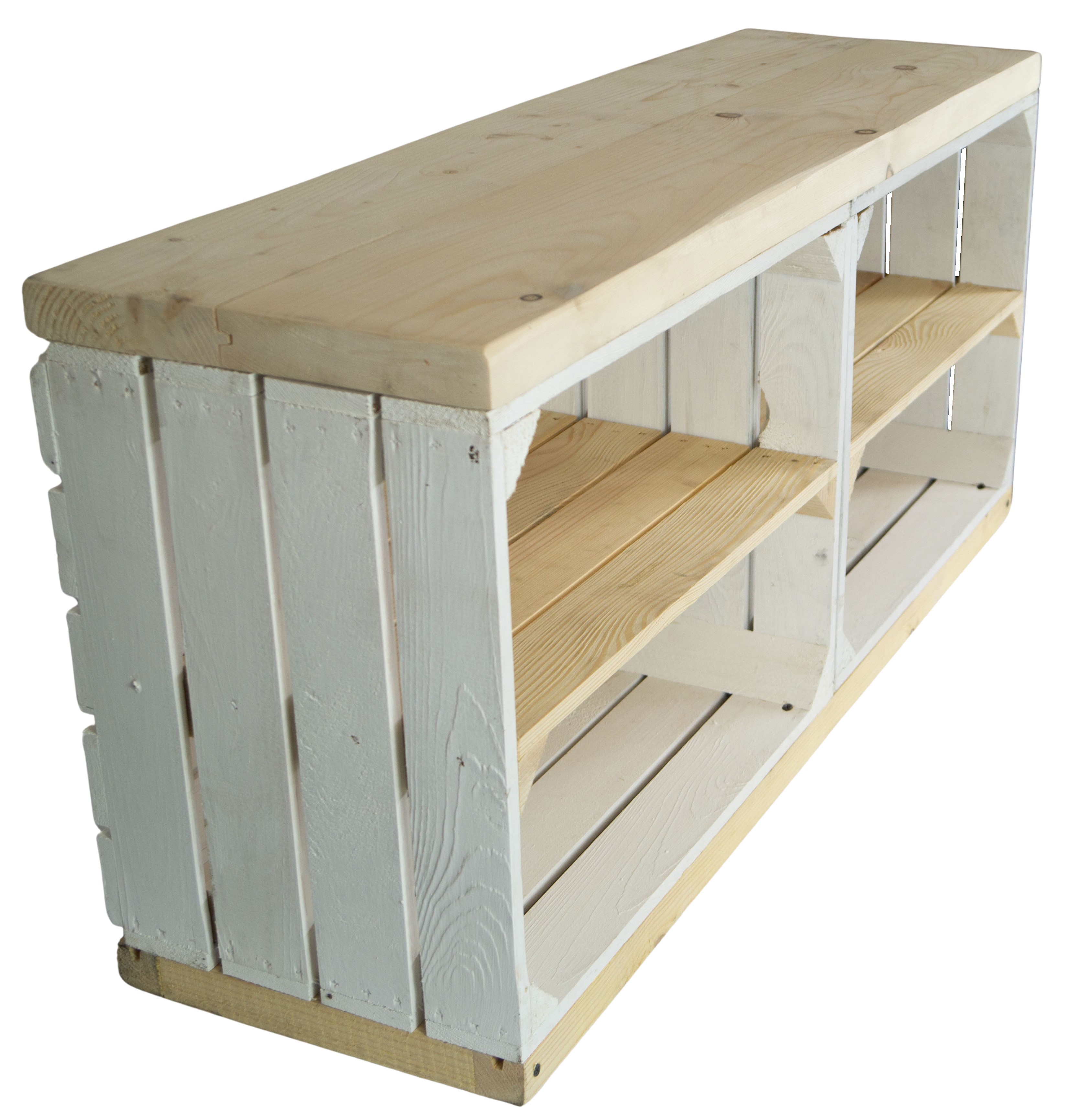 Sitzbank weiss mit Sitzfläche aus dicken Holzplanken Natur mit Mittelbrett Natur