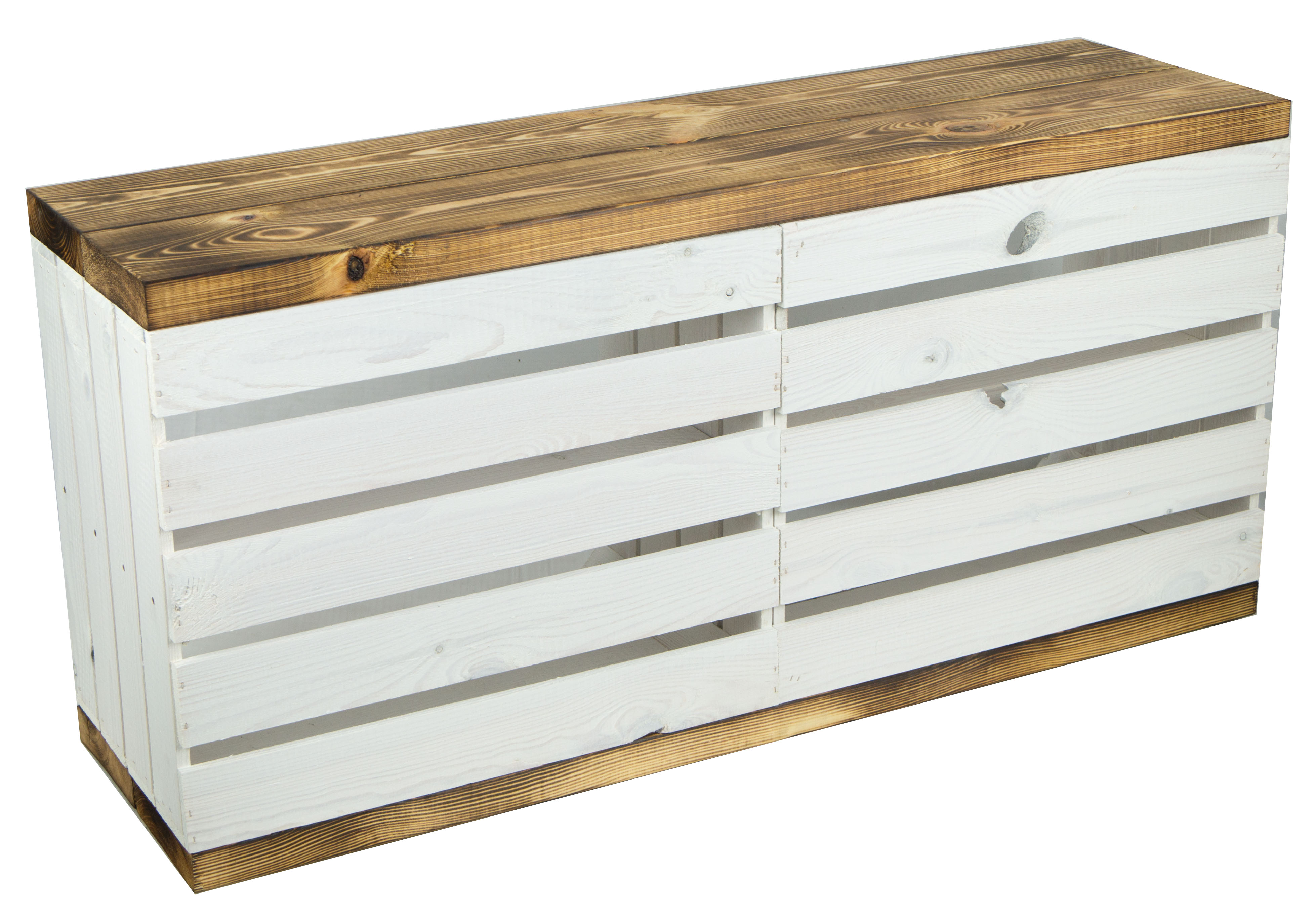 Banc blanc avec assise en planches de bois épaisses flammées avec planche centrale blanche