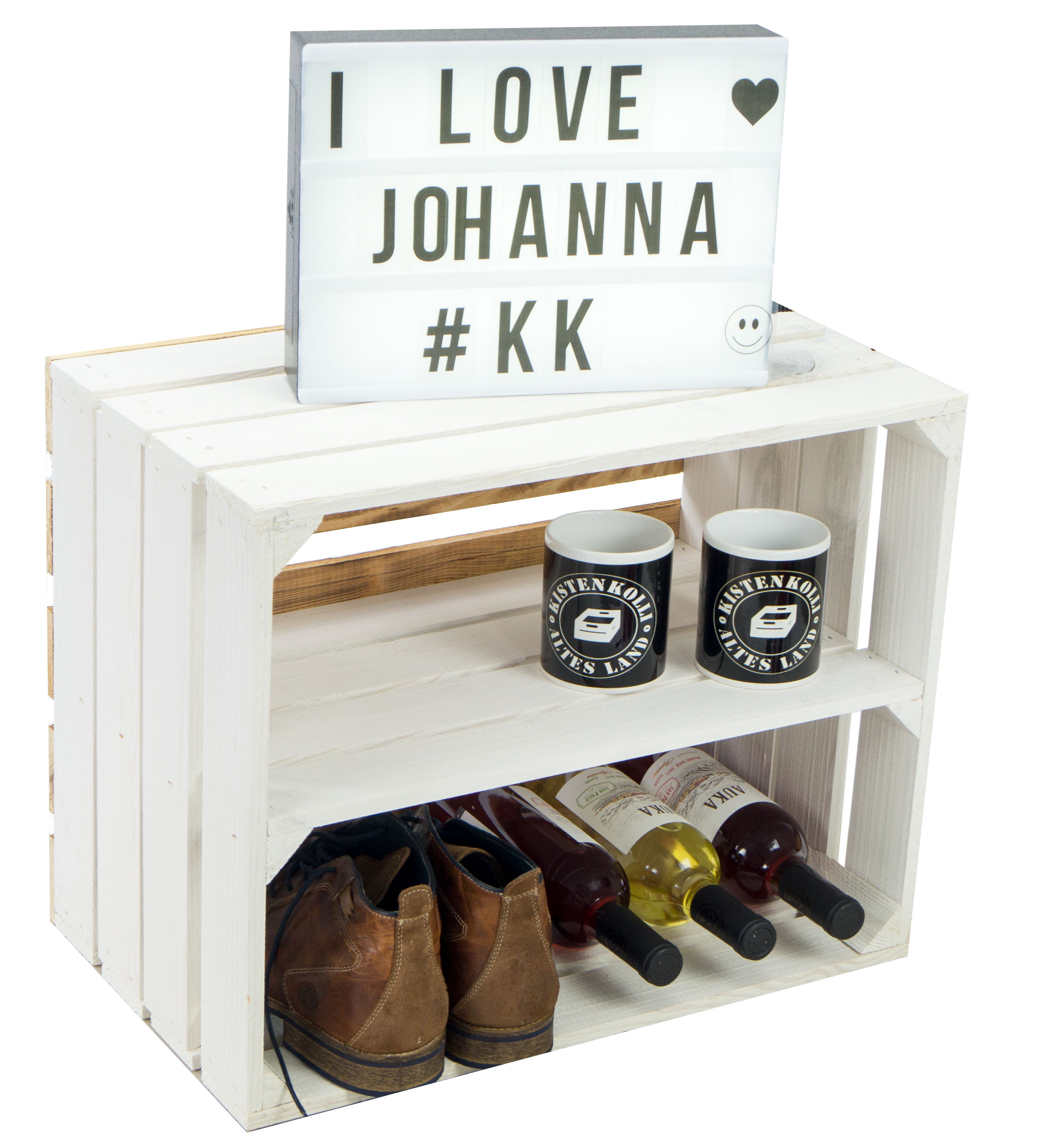 Obstkiste "Johanna"  weiß mit geflammten Boden  mit Mittelbrett weiß LÄNGS