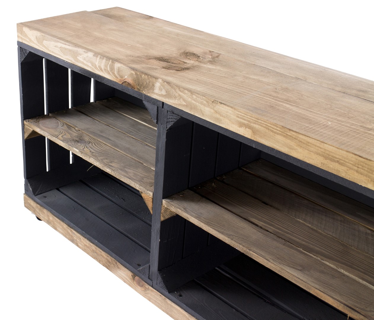 Sitzbank schwarz mit Sitzfläche aus dicken Holzplanken Palisandert mit Mittelbrett Palisander