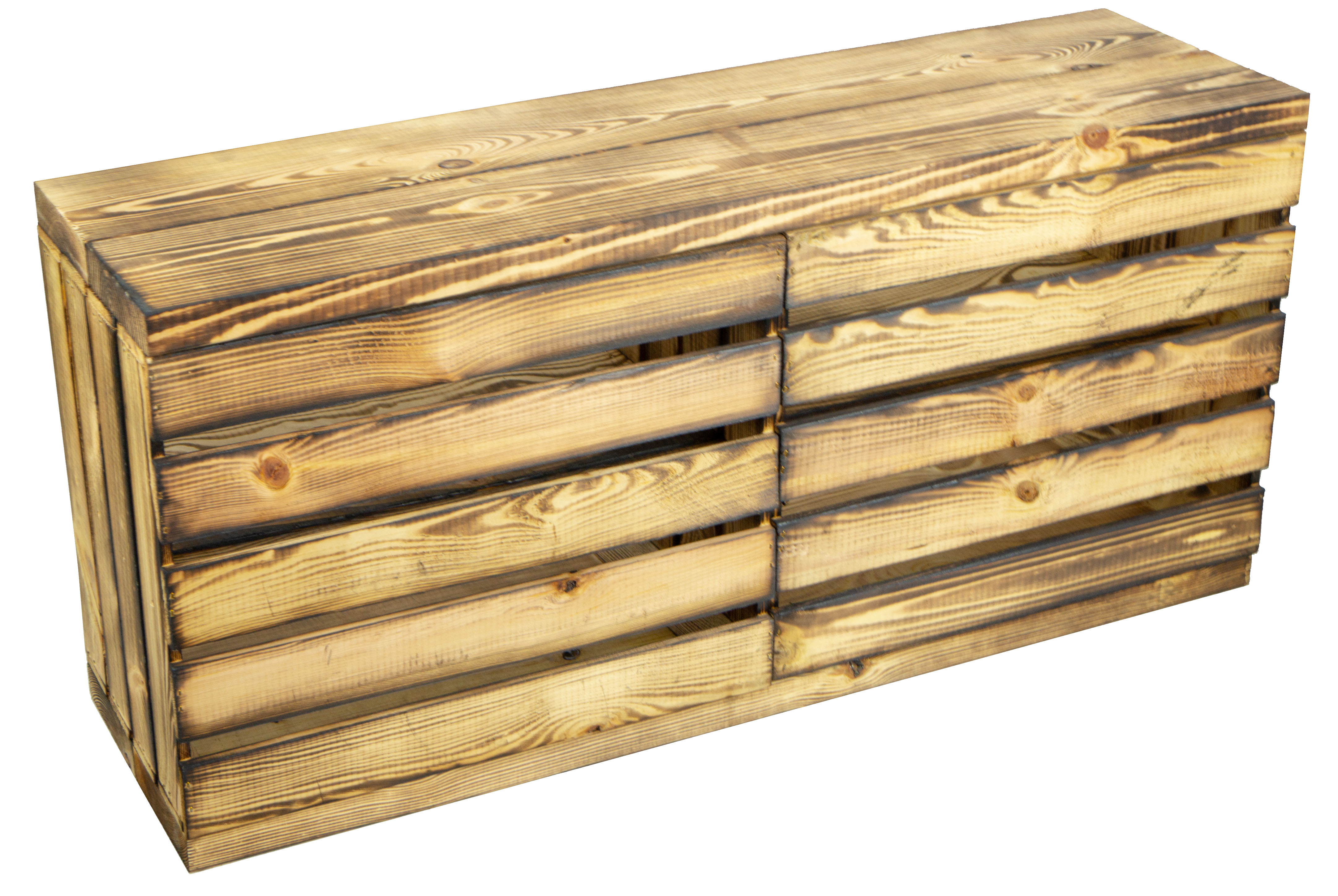 Banc flammé avec siège en planches de bois épaisses flammées avec planche centrale flammée