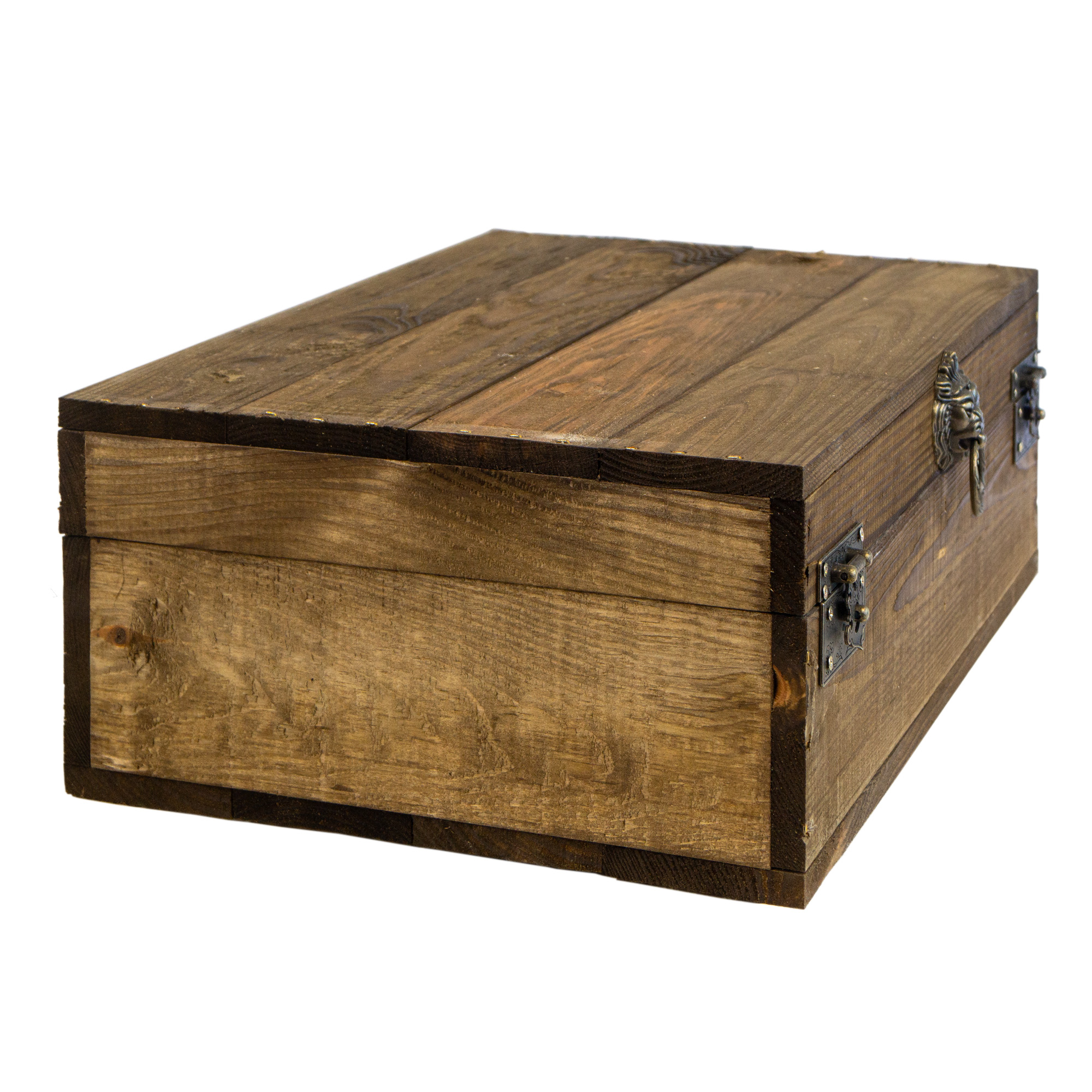 Rustikale Holztruhe mit Löwenkopfgriff – 40 x 30 x 16 cm | Schatztruhe aus Massivholz Palisander