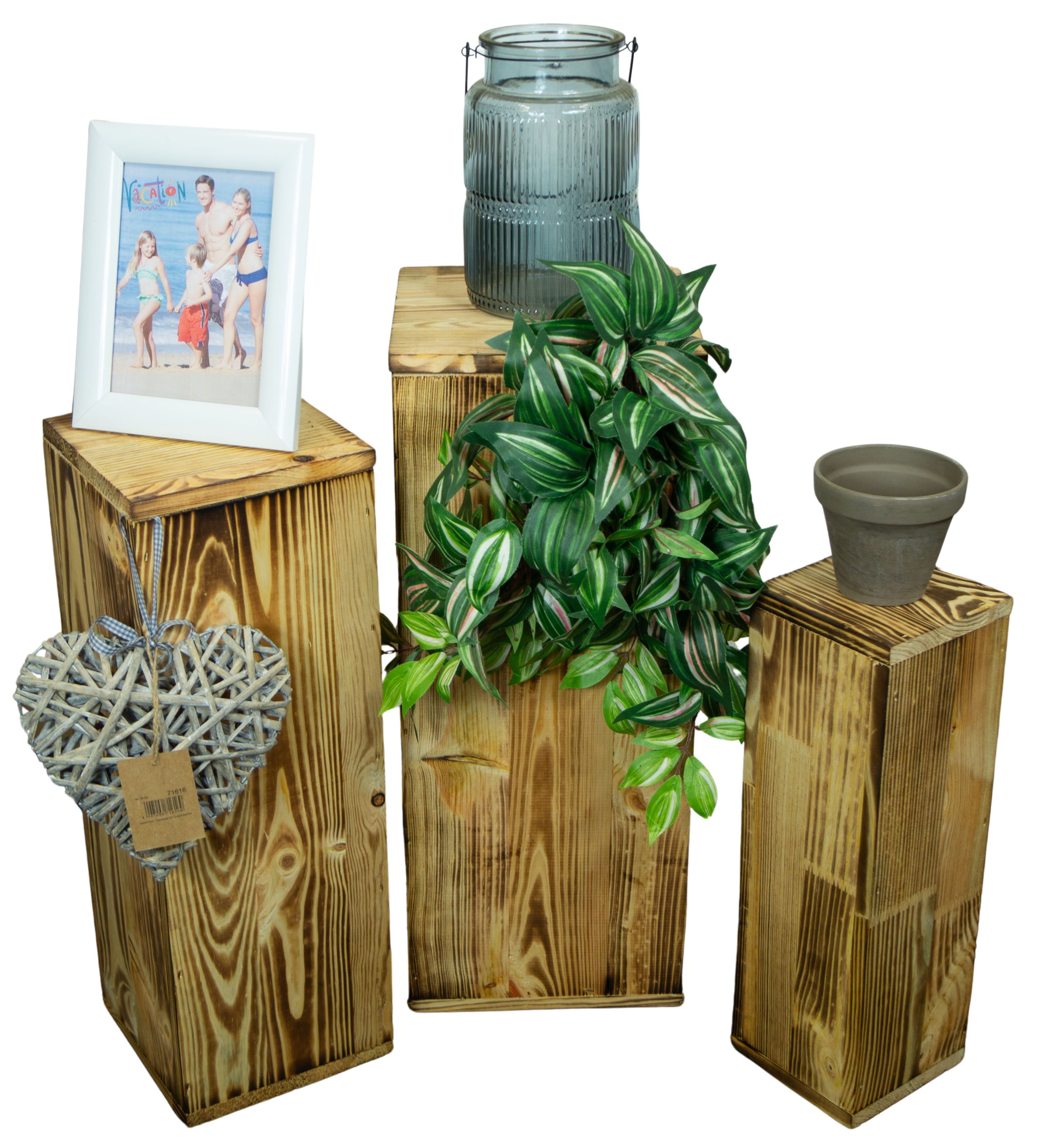 3er Set Dekosäulen viereckig in geflammt 24x24x60cm Holzblock Holzständer