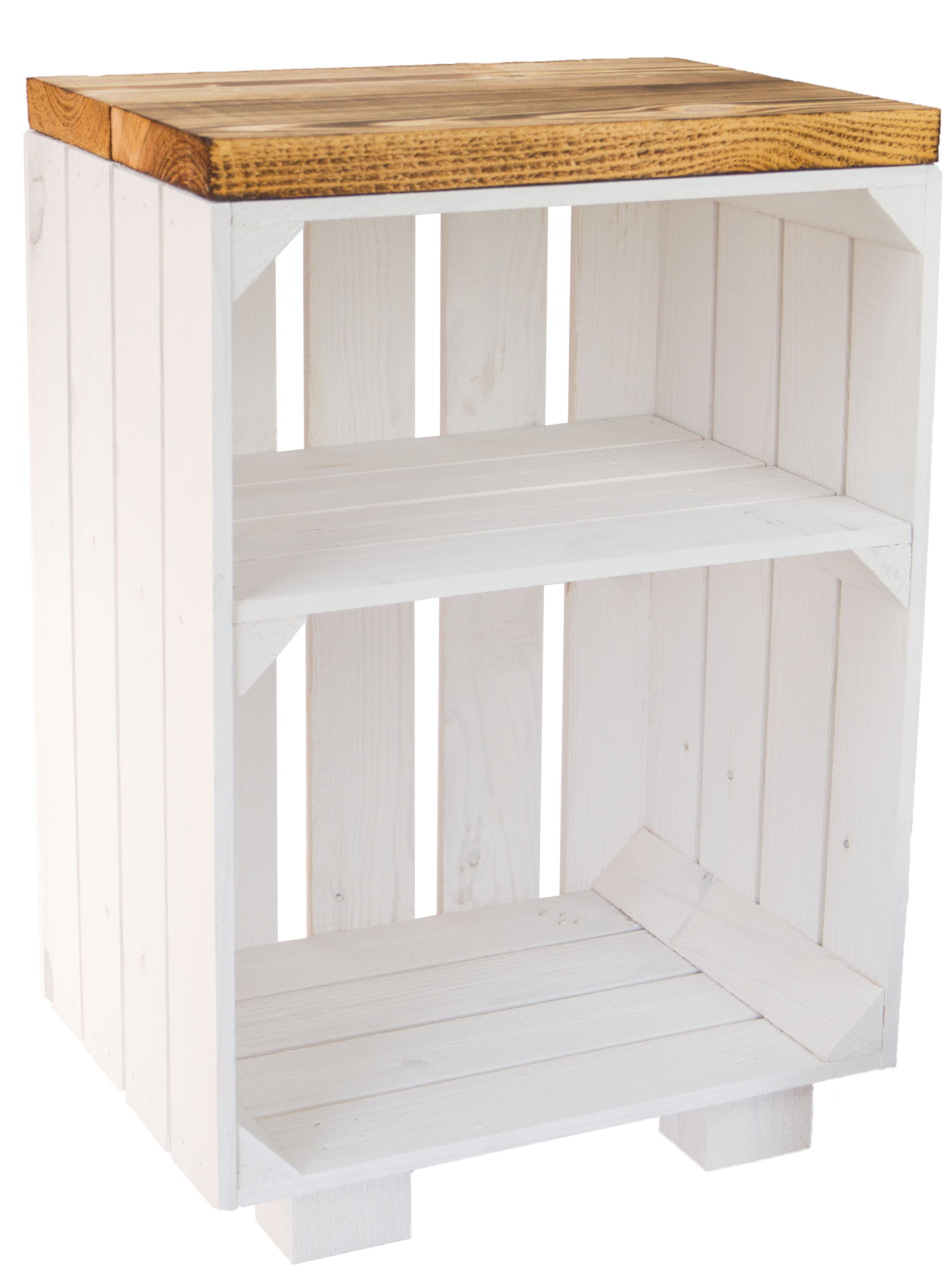 Nachttisch weiss  mit geflammten Holzplanken mit Mittelbrett weiss