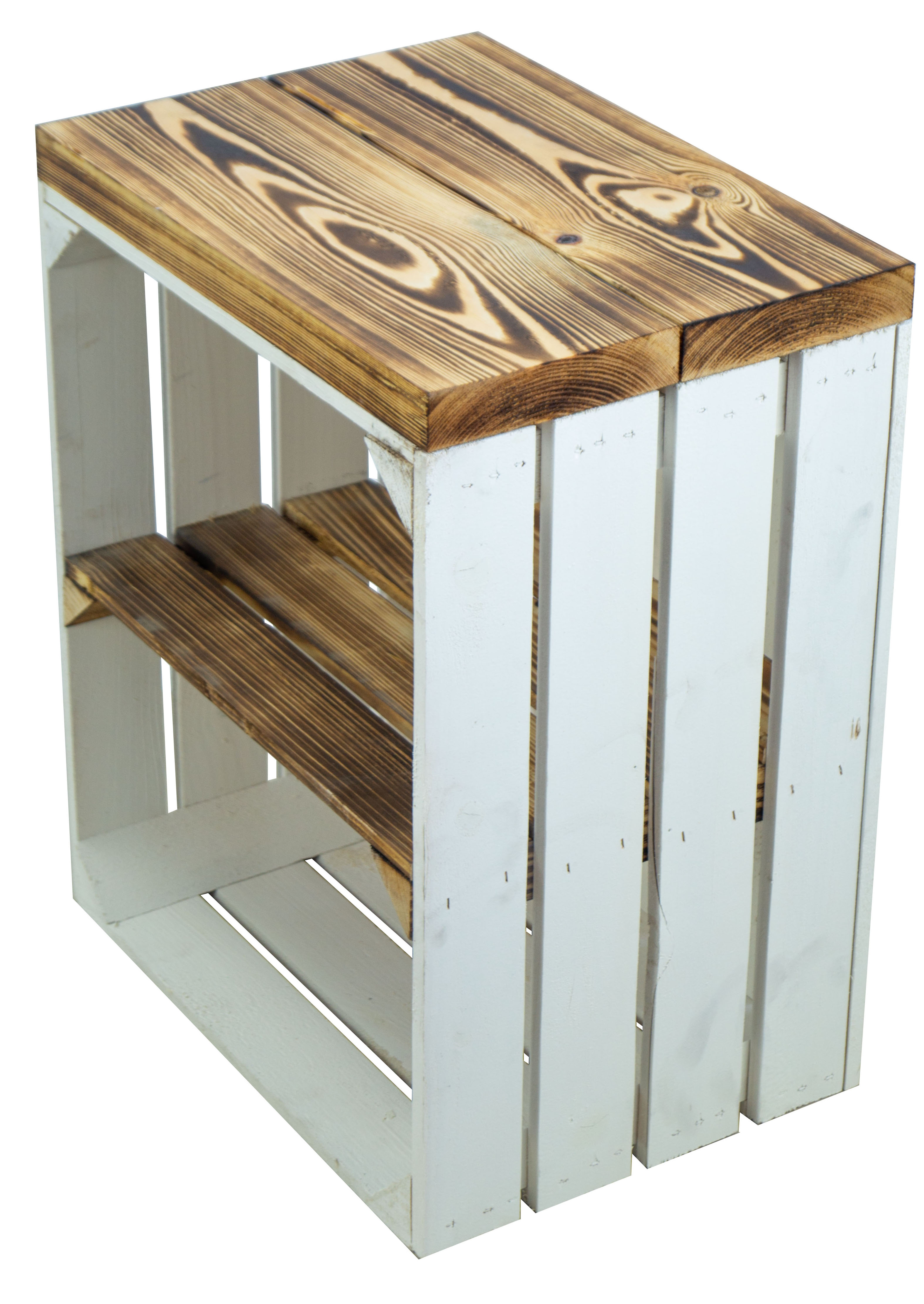 Table d'appoint Johanna blanche avec assise flammée en planches de bois épaisses